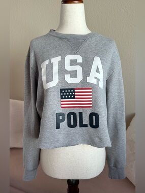 Polo Ralph Lauren Sweatshirt Cropped Gray USA American Flag Women’s S Heritage